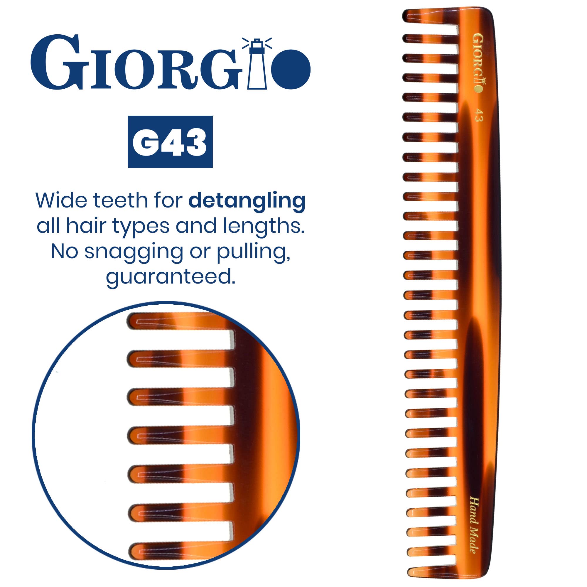 Giorgio G43 7 1/4 Hand Made Tortoise Long Detangling Comb - Wide Teeth. Hand-Made of quality Durable Cellulose, Saw-cut and Hand Polished. (2-Pack)