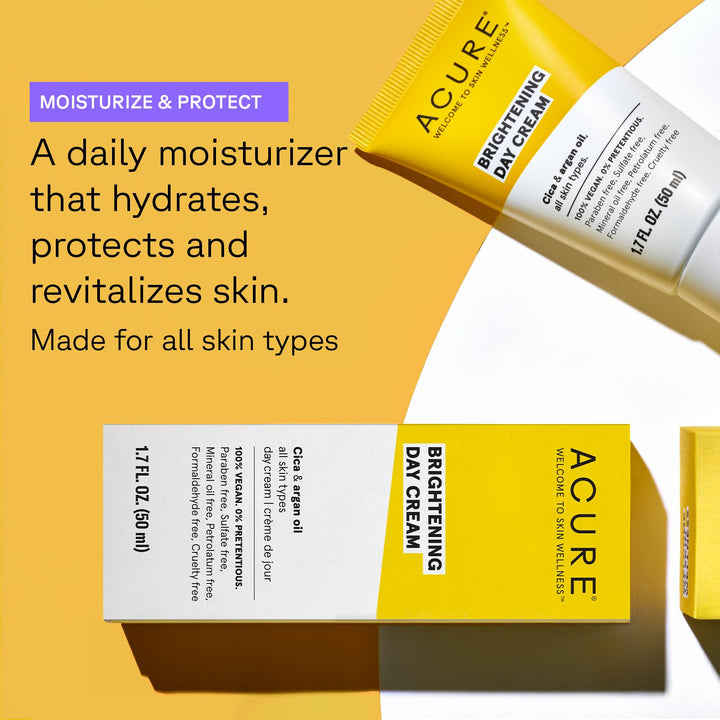 Acure Brightening Day Cream - Radiant Skin Day Cream with Cica & Argan Oil - Moisturizes, Evens Tone - 100% Vegan Formula - All Skin Types - Soothing & Nourishing Ingredients - 1.7 Fl Oz