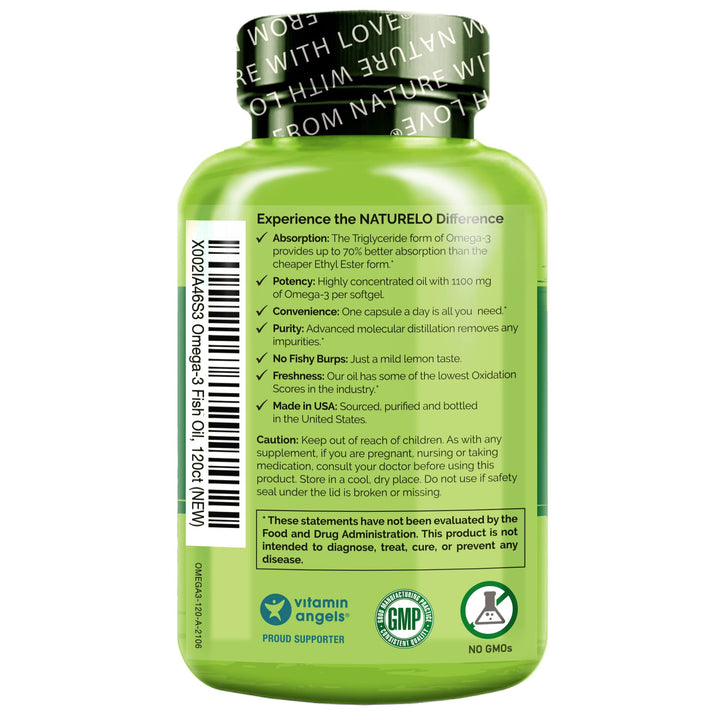 NATURELO Burpless Omega 3 Fish Oil Supplement - 1100mg Triglyceride Omega-3, EPA + DHA, Liquid Fish Oil Omega 3 for Heart, Eye, Brain, Joint Health - 120 Softgels, 4 Months Supply