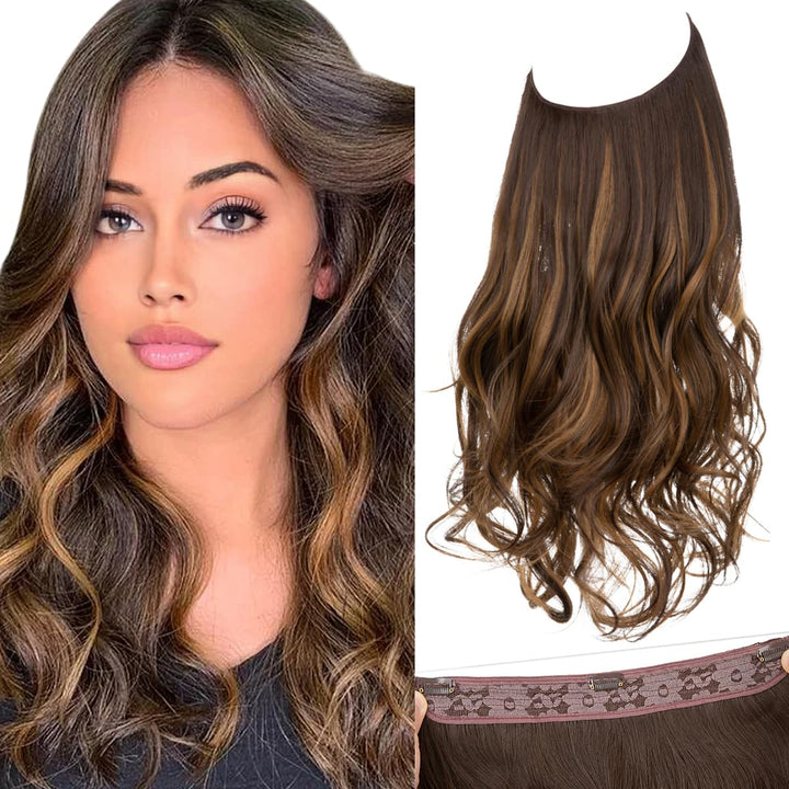 SARLA Invisible Wire Hair Extensions with 3 Clips Synthetic Wavy Curly Hairpiece Adjustable Transparent Headband for Women 16 Inch Dark Brown/Golden Blonde Highlights