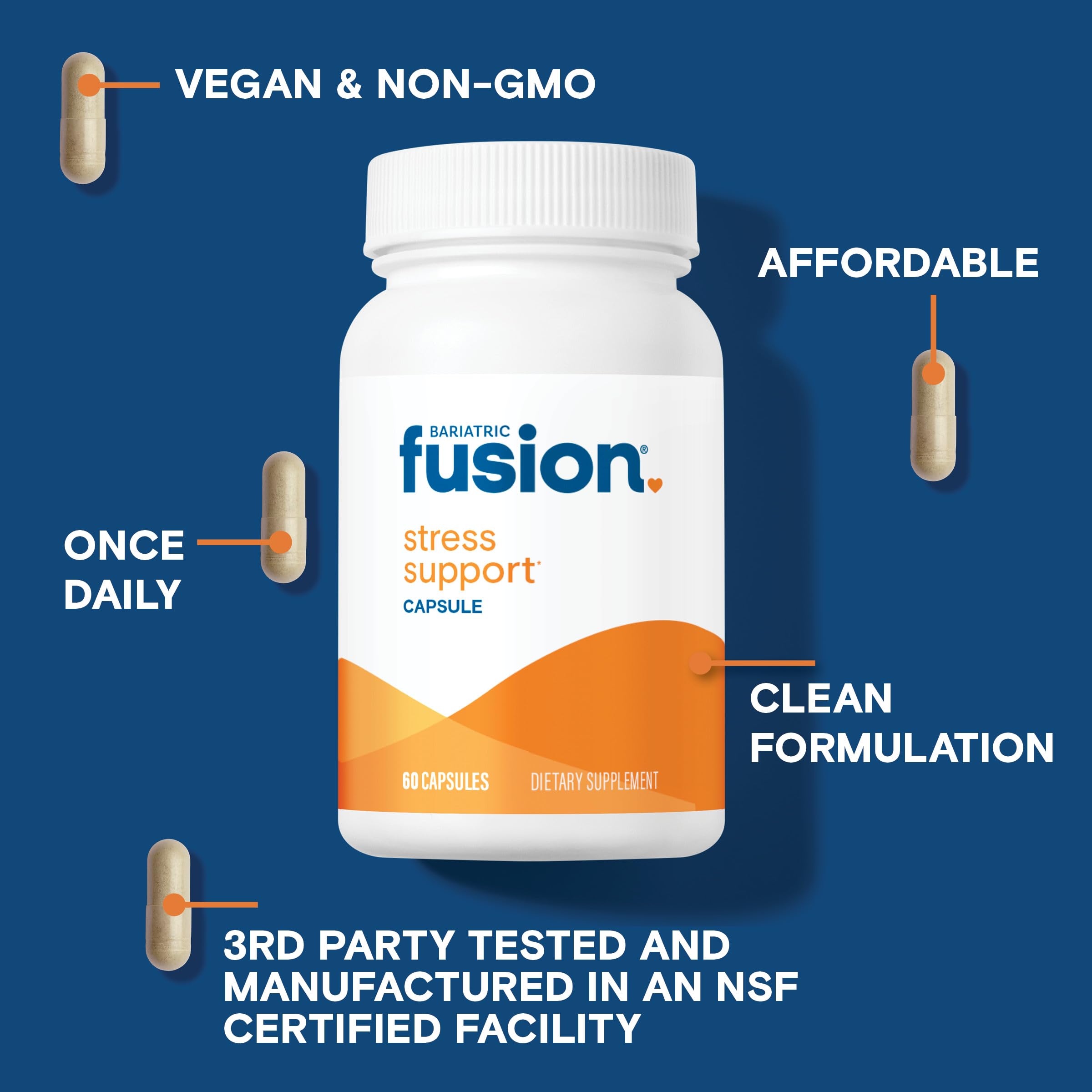 Bariatric Fusion Stress Support* | Vegan Supplement with Magnesium and Ashwagandha | Daily Vitamin for Women and Men | Gluten, Dairy and Soy Free | Non-GMO | 60 Capsules