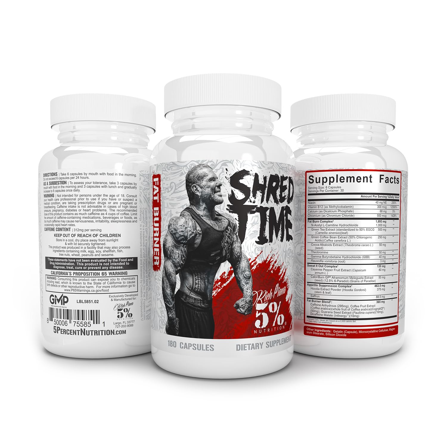 5% Nutrition Shred Time Fat Burner | Green Tea, Coffee Bean, Cayenne, Theobromine, GBB | Appetite Suppression | 30 Servings (180 Capsules)