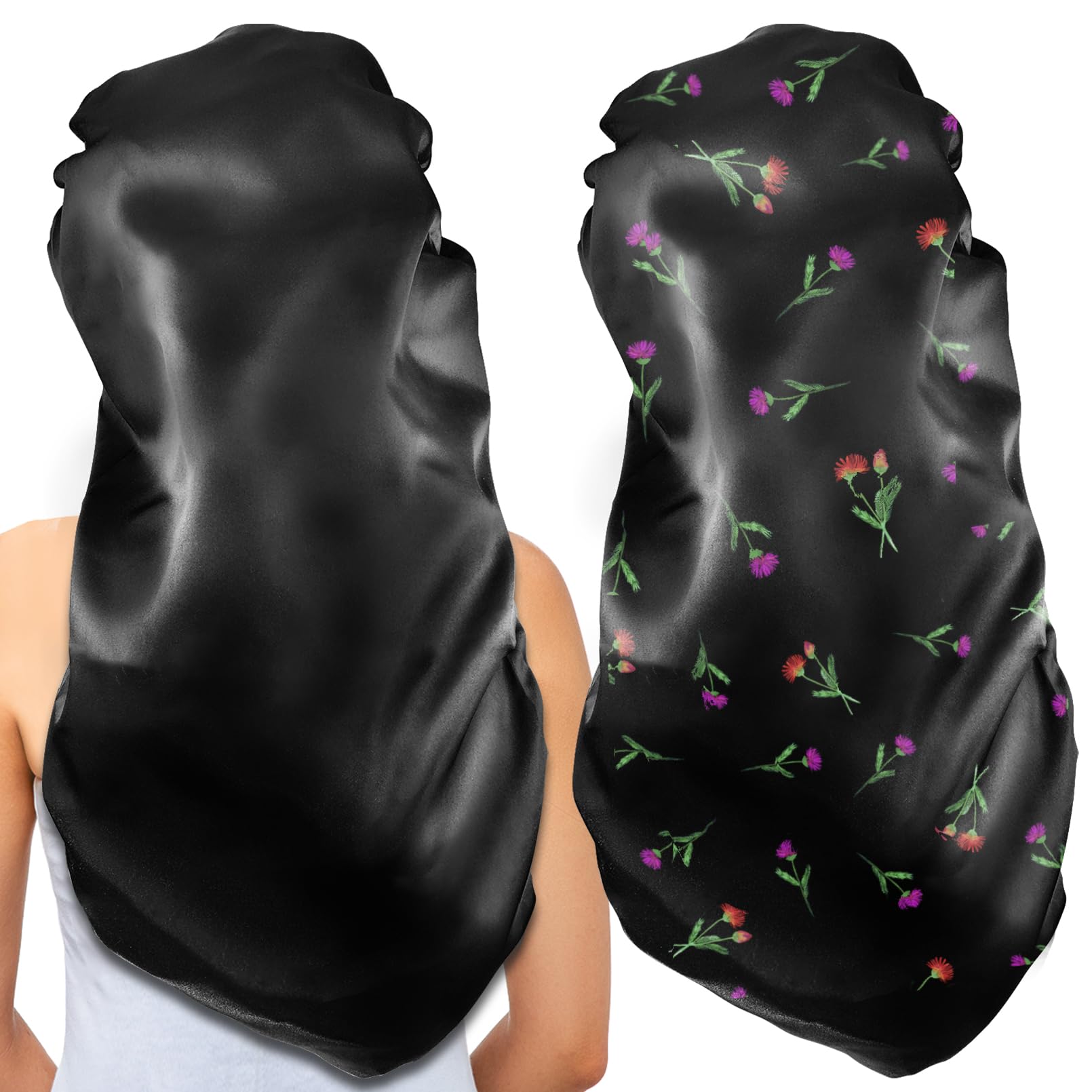 2Pcs Long Satin Bonnet Sleep Cap,Extra Large Braids Bonnets for Sleeping,Long Hair,Soft&Comfortable Elastic Band Bonnets for Women Night Sleep,Hair Bonnets for Women Satin (Black+Green Pattern)