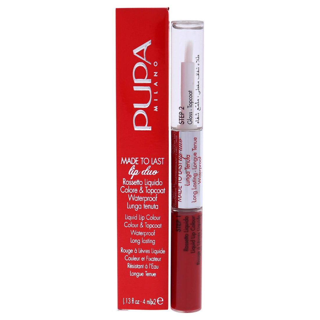 Pupa Milano Made To Last Lip Duo - Comfortable Liquid Lip Color with Top Coat - Waterproof - Long Lasting Hold - Ultra Shiny, Latex Effect Make-Up Result - 018 Imperial Red - 0.13 Oz,I0111658