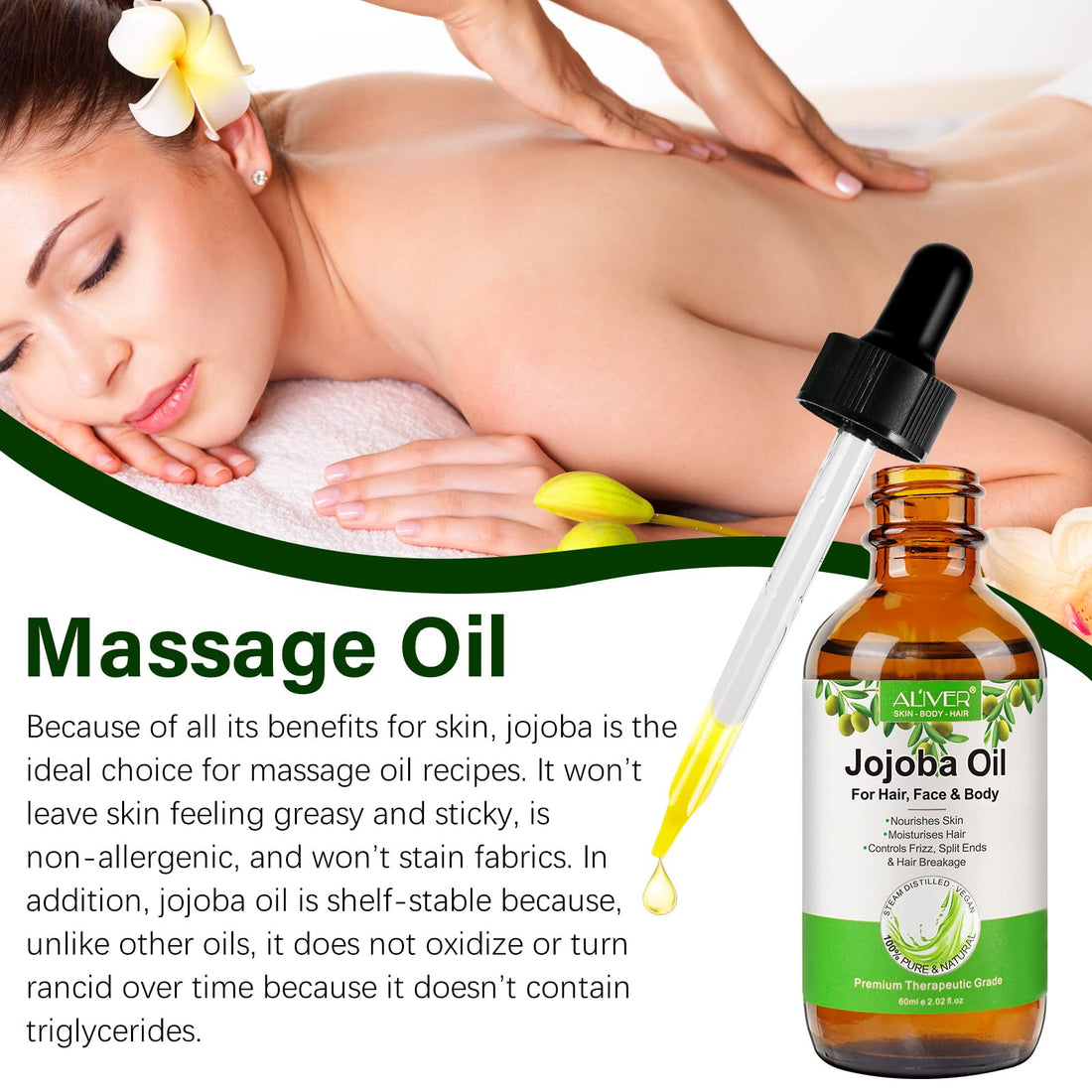 Jojoba Oil for Hair Growth, 100% Pure & Natural - Cold Pressed Unrefined Jojoba Essential Oil for Skin & Nails, Dry Skin Relief, Makeup Remover 2.02fl.oz