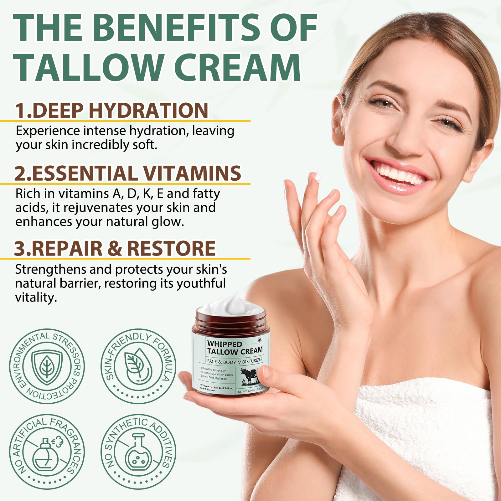 Beef Tallow for Skin, Whipped Tallow Cream Organic for Face, 100% Grass-Fed Pure Beef Tallow, Honey & Beeswax, Whipped Tallow Honey Balm for Face Moisturizer Body Lotion Skin Care for Sensitive Skin