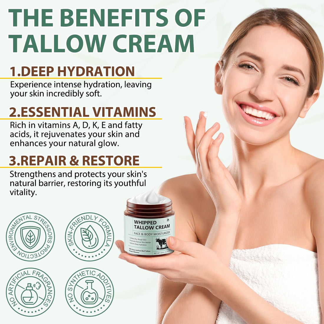 Beef Tallow for Skin, Whipped Tallow Cream Organic for Face, 100% Grass-Fed Pure Beef Tallow, Honey & Beeswax, Whipped Tallow Honey Balm for Face Moisturizer Body Lotion Skin Care for Sensitive Skin