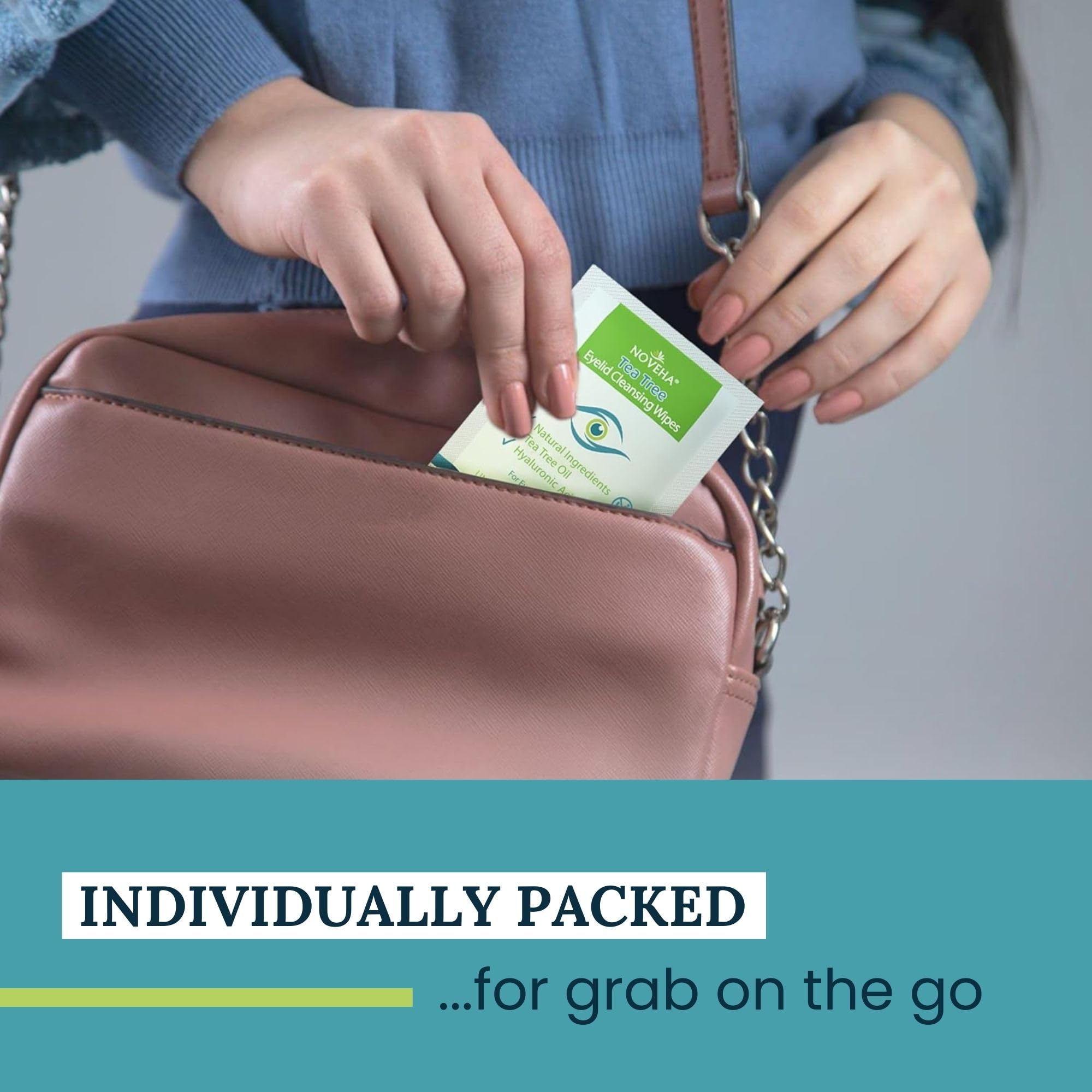 NOVEHA 60PCs Tea Tree Oil Eyelid & Lash Wipes | With Hyaluronic Acid, Green Tea & Chamomile For Blepharitis, Itchy & Stye Eyes, Individually Wrapped, Natural Eyelash Makeup Remover & Daily Cleanser