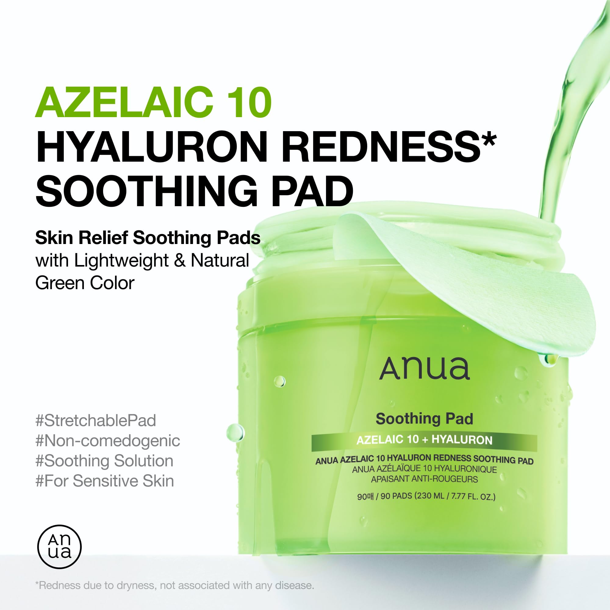 Anua Azelaic 10 Hyaluron Redness Soothing Pad, Troubled & Spot Care with Korean toner pads, Quick & Easy Stretchable Facial Mask with Azelaic acid, Hyaluronic Acid, Korean Skin Care (90 pads)