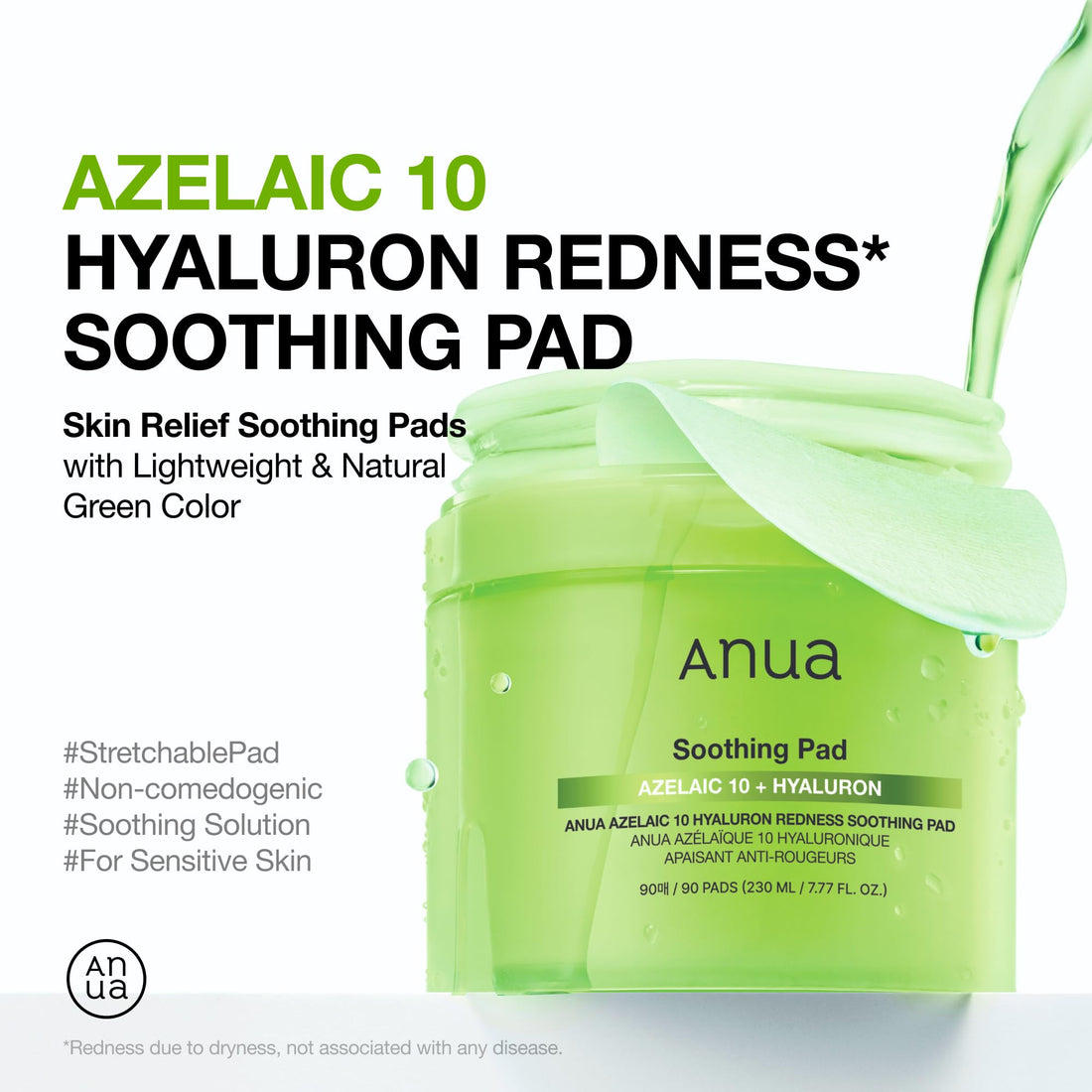 Anua Azelaic 10 Hyaluron Redness Soothing Pad, Troubled & Spot Care with Korean toner pads, Quick & Easy Stretchable Facial Mask with Azelaic acid, Hyaluronic Acid, Korean Skin Care (90 pads)