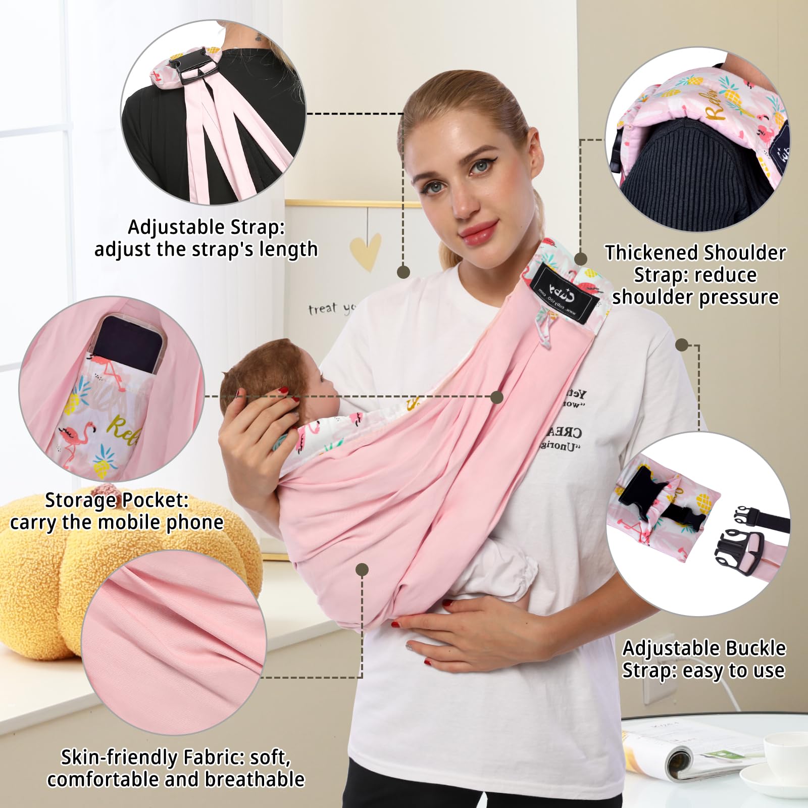 Baby Carrier by Cuby, Natural Cotton Baby Wraps Sling Baby Holder Extra Comfortable for Easy Wearing Carrying for Newborn, Soft and Adjustable Newborn and Toddler Carrier Slings (Pink Flamingo)