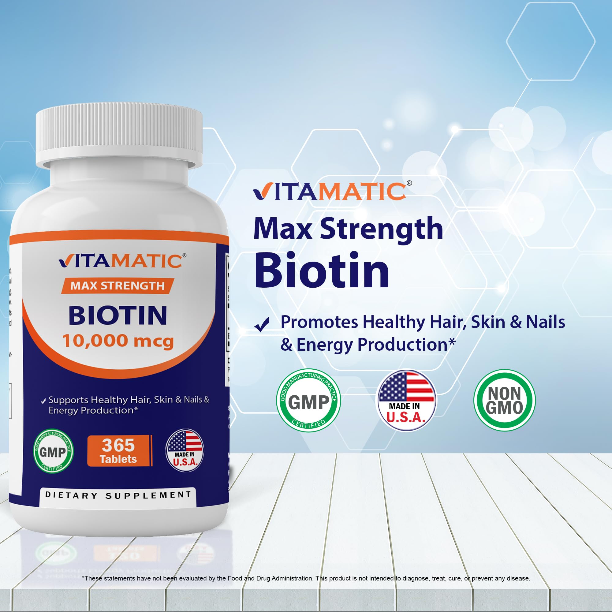 Vitamatic Biotin 10,000 mcg (10 mg) for Stronger Hair, Skin & Nails - 365 Vegan Tablets- Also Called Vitamin B7