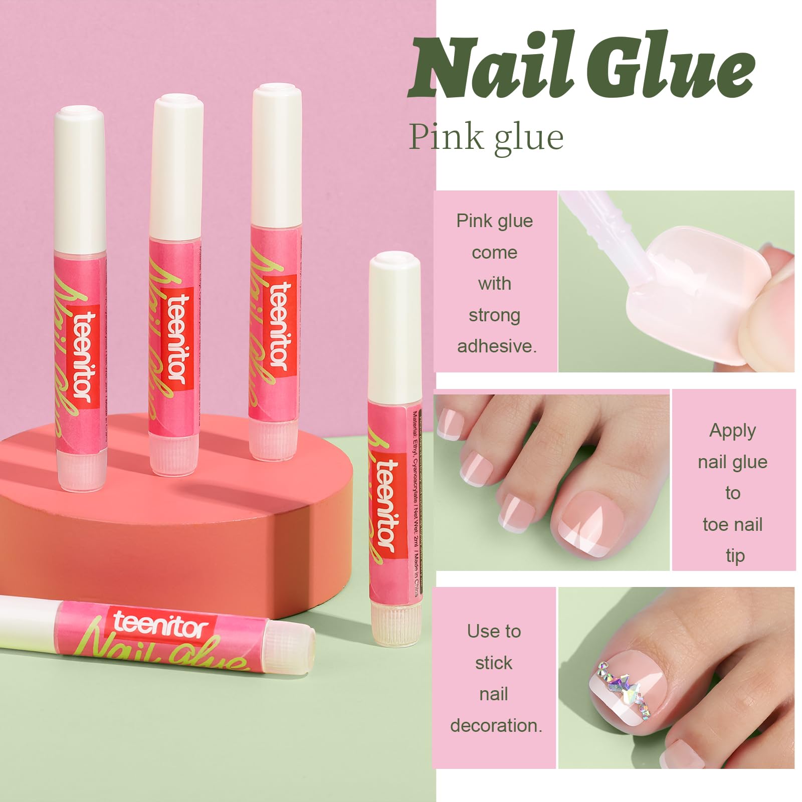 Teenitor Press-On Nails - 6 Sets Short Square Nails, French Tip, Glue-Ons