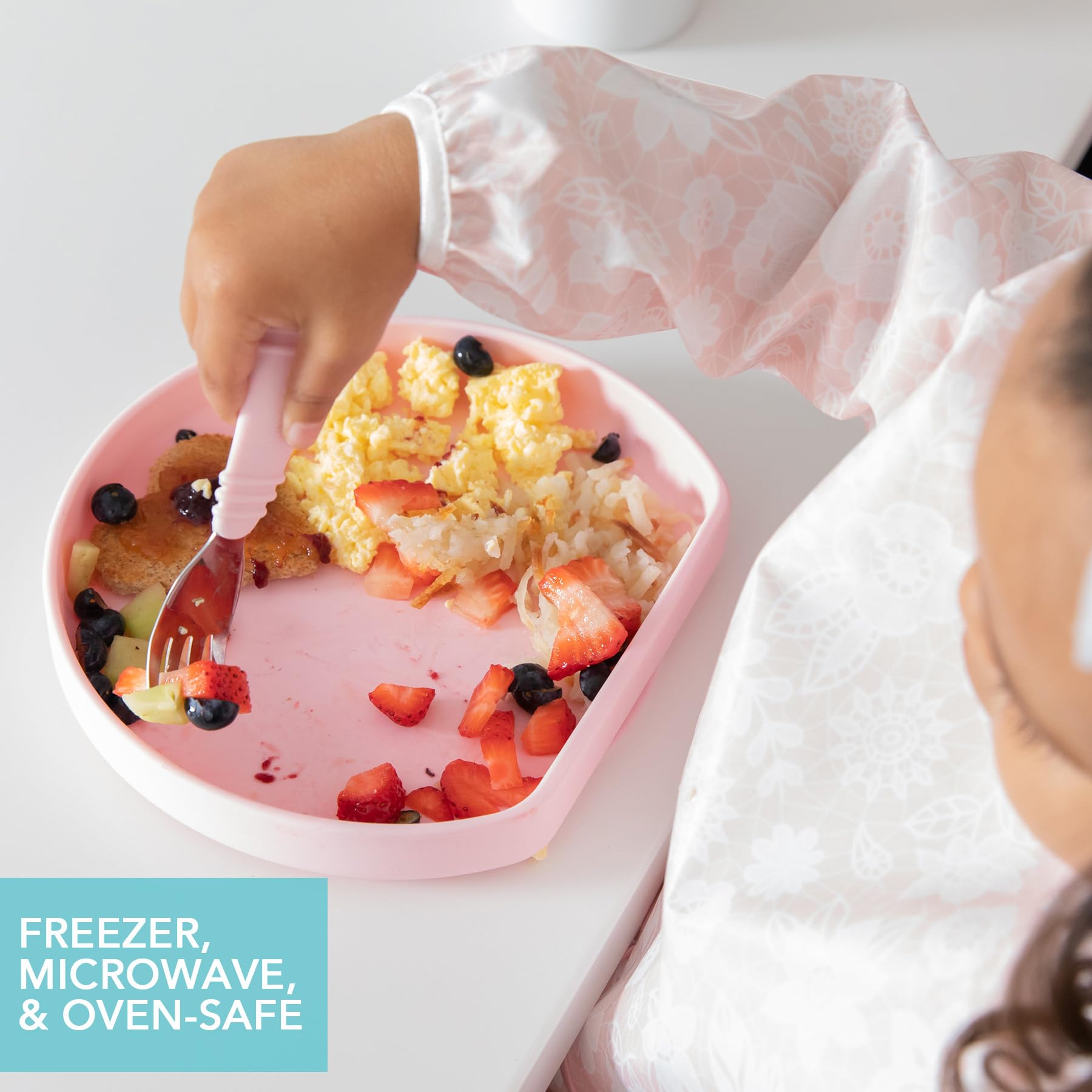 Bumkins Toddler and Baby Suction Plate, Silicone Grip Dish for Babies and Kids, Baby Led Weaning, Children Feeding Supplies, Non Skid Sticky Bottom, Platinum Silicone, Ages 6 Months Up, Pink