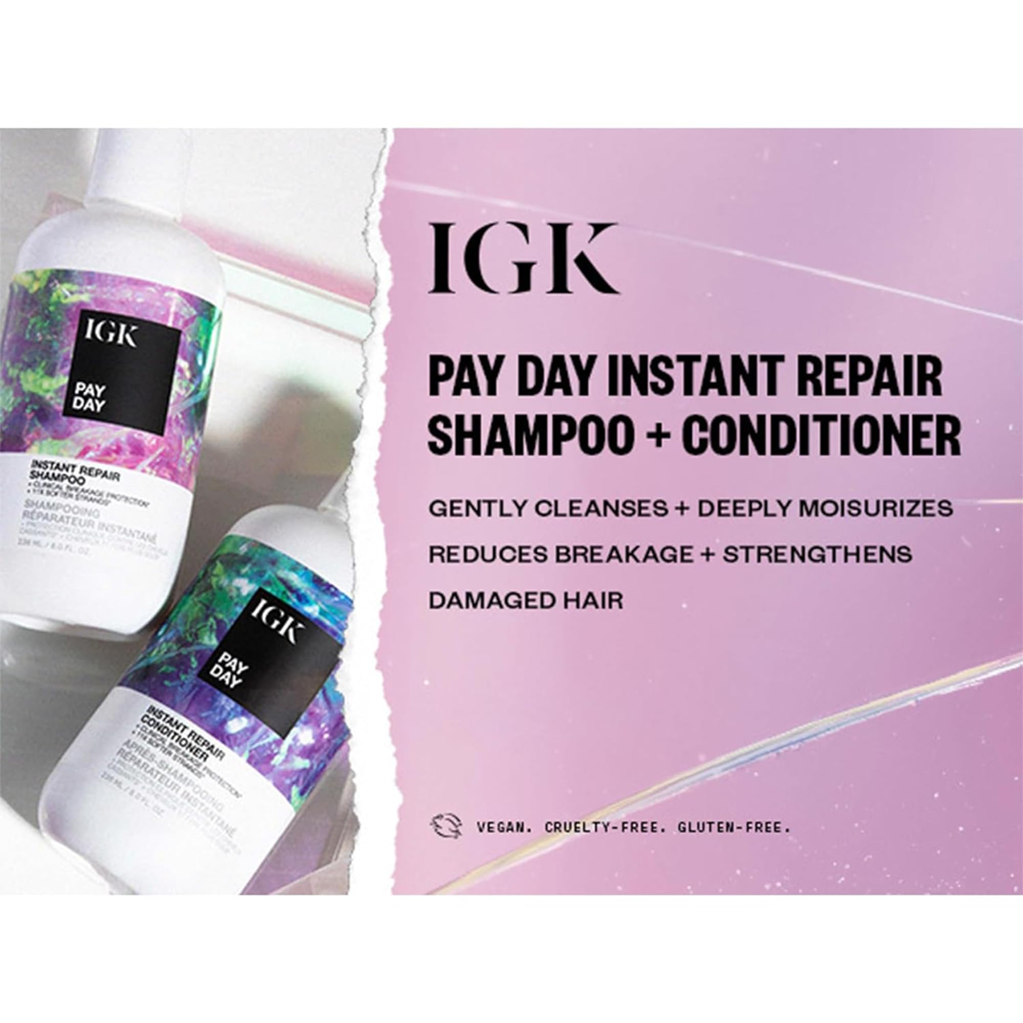 IGK Pay Day Instant Repair Shampoo and Conditioner Set | Bond-Building + Damage Repair | Vegan + Cruelty Free | Set of 2