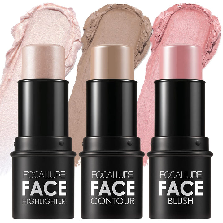 FOCALLURE 3 Pcs Cream Contour Sticks,Shades with Highlighter & Bronzer & Blush,Non-greasy Long-wear Face Contouring Pen,Easy to Sculpt the Face and Create a Lightweight Finishing Makeup,FAIR