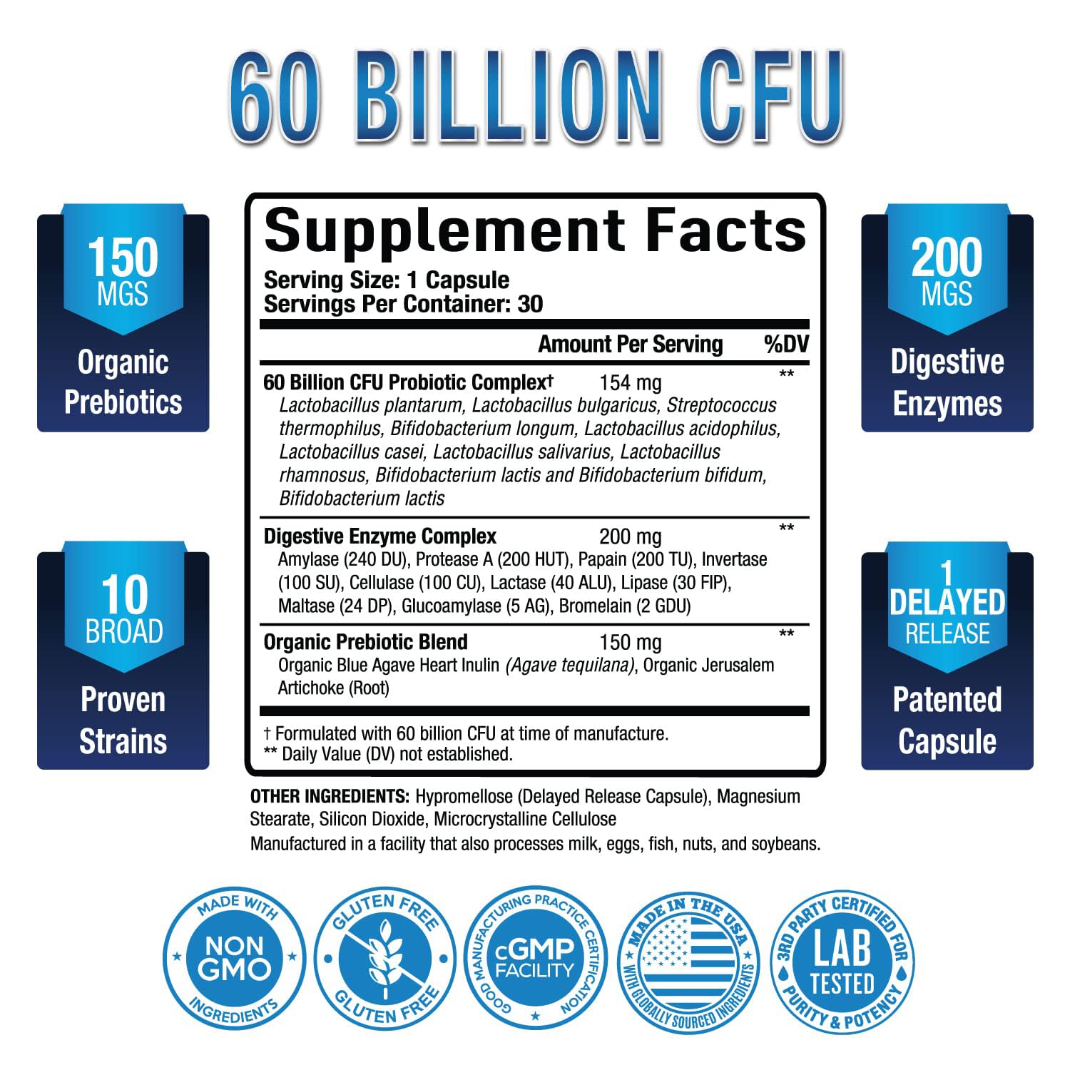 Purely Optimal Premium Probiotics 60 Billion CFU w/Organic Prebiotics & Digestive Enzymes