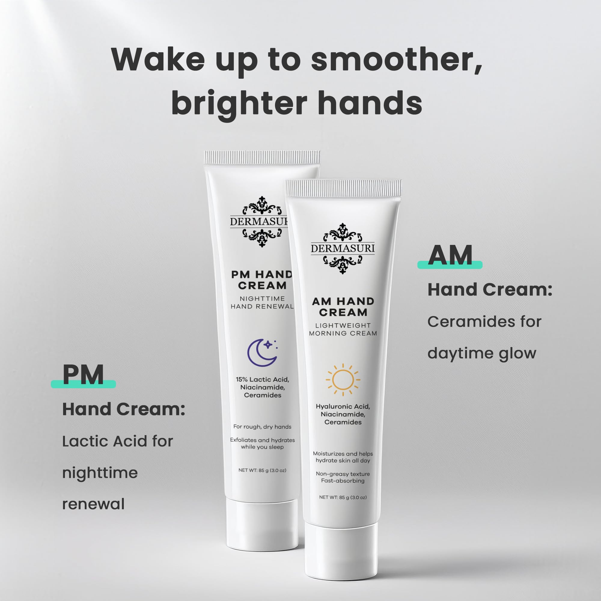 Dermasuri Day and Night Therapeutic Hand Cream for Dry, Cracked Hands - AM Lightweight Moisturizing Exfoliator & PM Overnight Renewal Lotion Softening Hydrating Treatment Unscented 3 oz Each Pack of 2