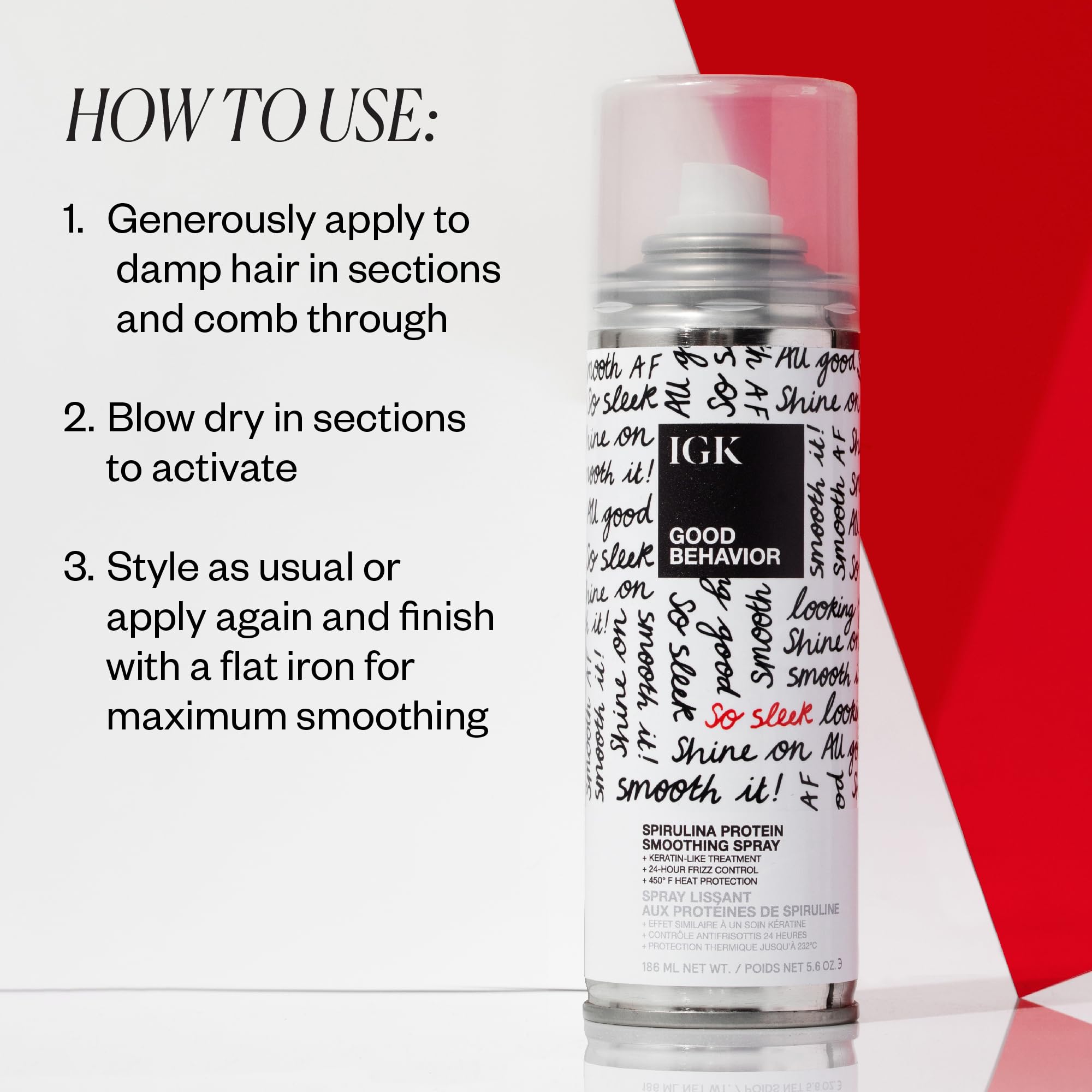 IGK - GOOD BEHAVIOR - Heat Protection Spray for Hair – Anti-Frizz Smoothing Spray with Spirulina Protein – Lightweight Hair Protectant for Heat Like Styling and Shine - 5.6 oz