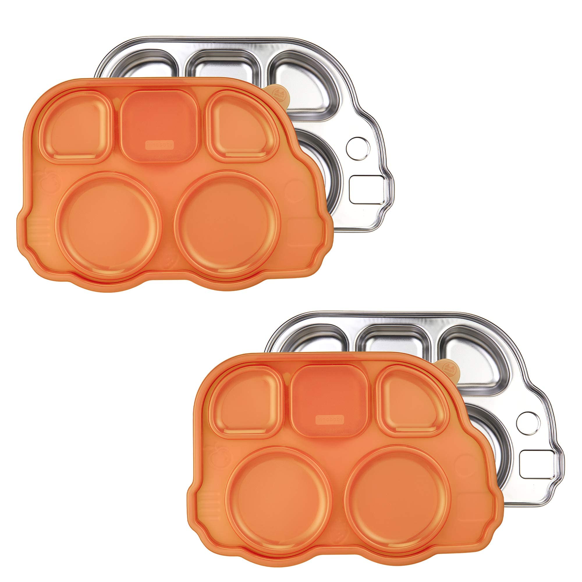 Innobaby Stainless Bus Plate with Sectional Lid, The Original, Leak-Resistant Divided Platter, Mom Invented Fun Shape Mealtime Solution for Babies, Toddlers and Kids, BPA Free Plate, Orange, 2 Pack