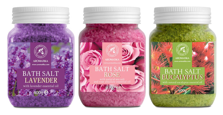 Bath Salts Set 42 Oz - Lavender - Rose - Eucalyptus - 100% Bath Salts - Lavanda Rosa Eucalitpus Salt - Best for Good Sleep - Stress Relief - Bathing - Body Care - Beauty - Relaxation - Spa