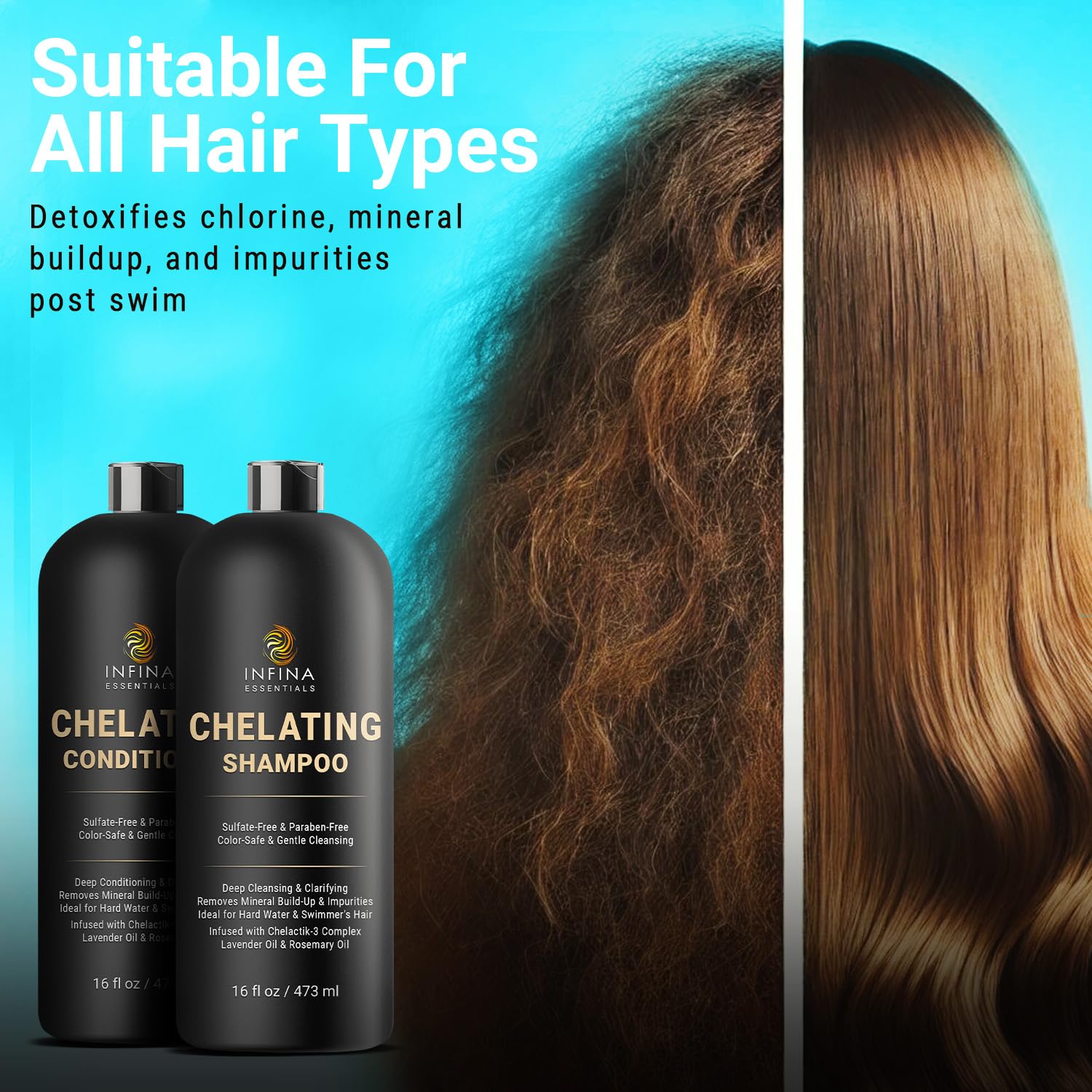 INFINA ESSENTIALS Chelating Hard Water Shampoo and Conditioner Set with Chelactik-3 & Rosemary Oil - Color Safe Metal Detox Shampoo and Conditioner for Mineral Build-Up & Swimmers Hair - 16 fl oz each
