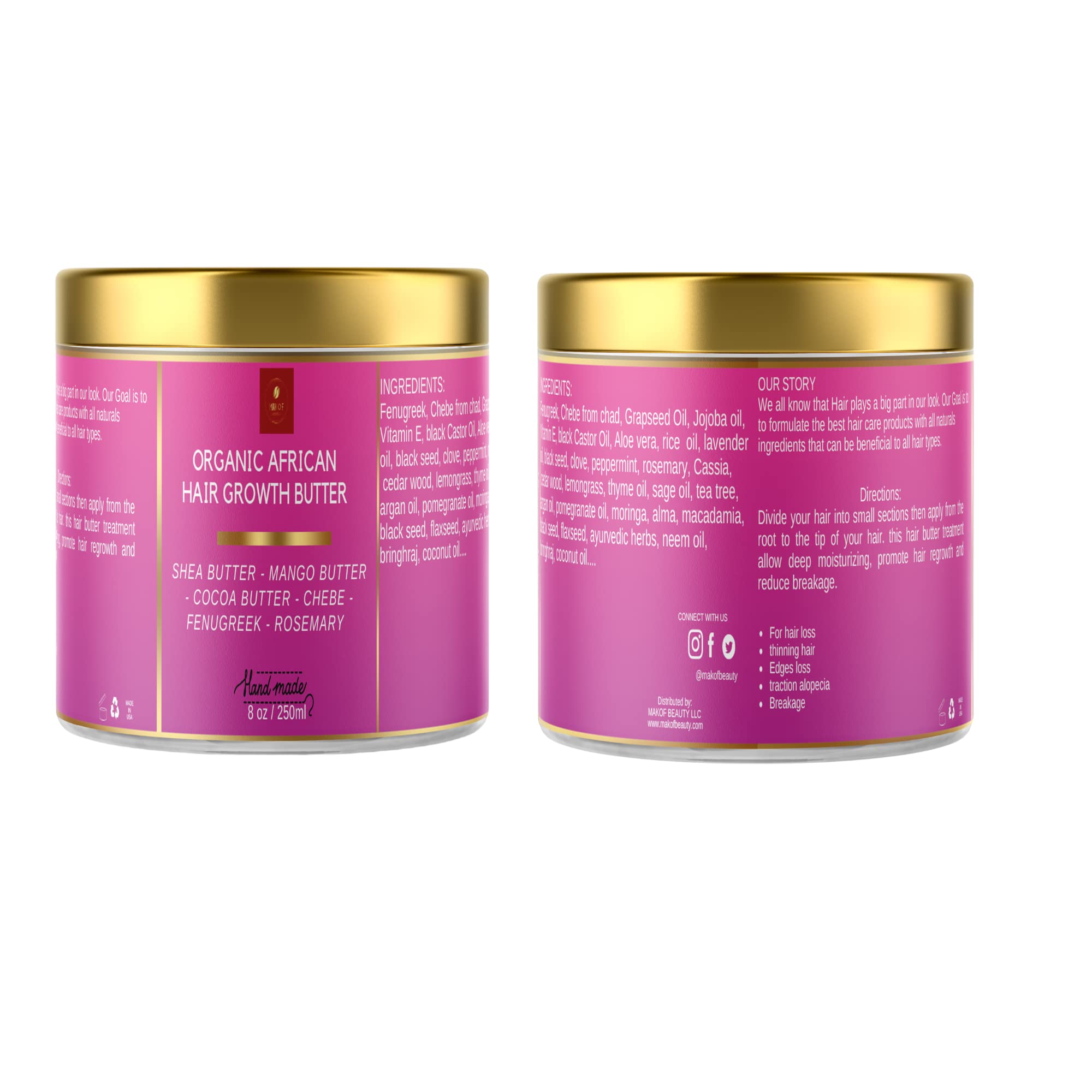 Chebe Hair Growth and Thickening Butter - Ayurvedic Deep Conditioner with Shea, Cocoa, Mango Butter, Fenugreek, and Rosemary for All Hair Types, 8 oz