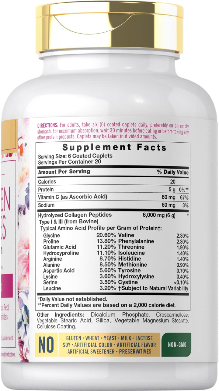Carlyle Collagen with Vitamin C | 6000mg | 120 Caplets | Multi Collagen Peptide Pills | Type 1 and 3 | Non-GMO, Gluten Free, Grass Fed
