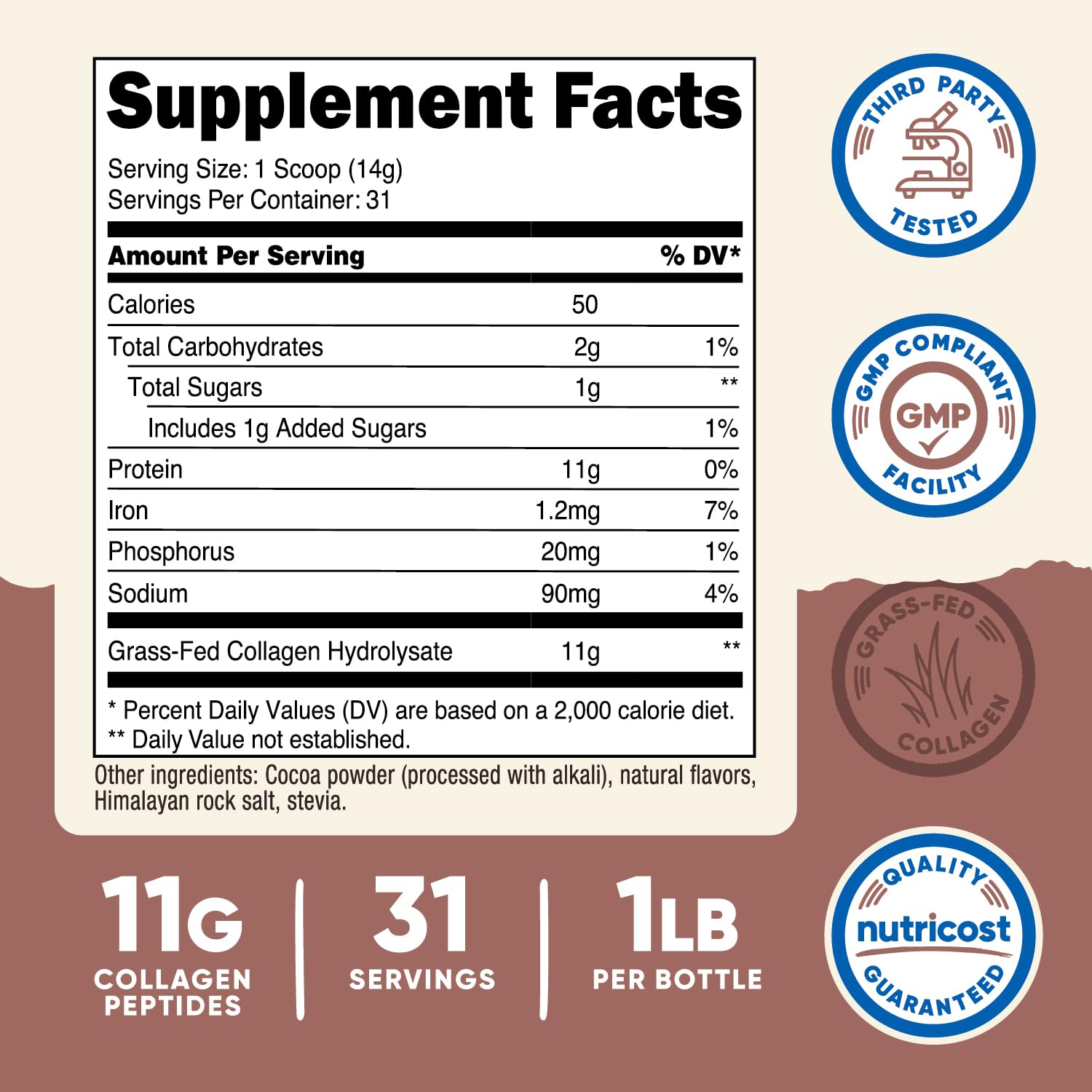 Nutricost Grass-Fed Collagen Powder 1LB (454 G) (Chocolate) - Grass Fed Bovine Collagen Hydrolysate - Collagen Peptides