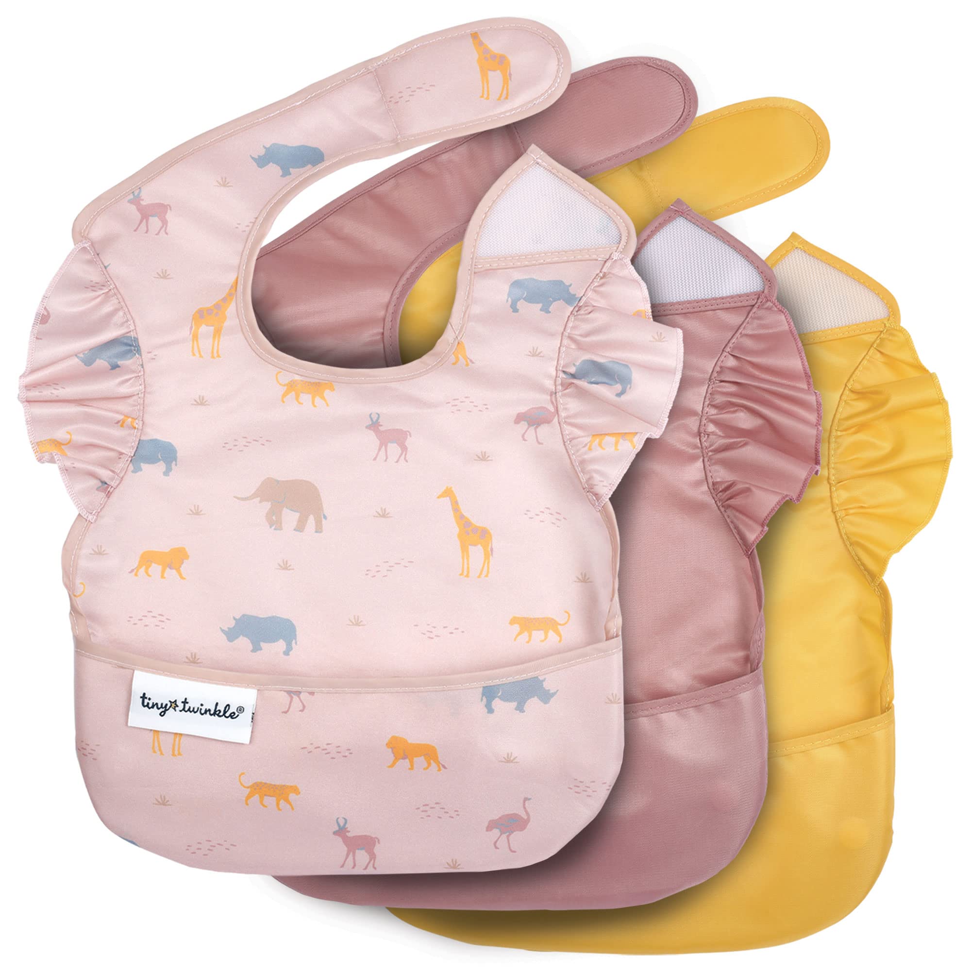 Tiny Twinkle Mess-Proof Baby Bib - Waterproof Bib for Baby Girl - Machine Washable - Adjustable Closure - PVC BPA & Phthalate Free - Great for Travel - Baby Food Bibs (3 Pack, Petite Safari)