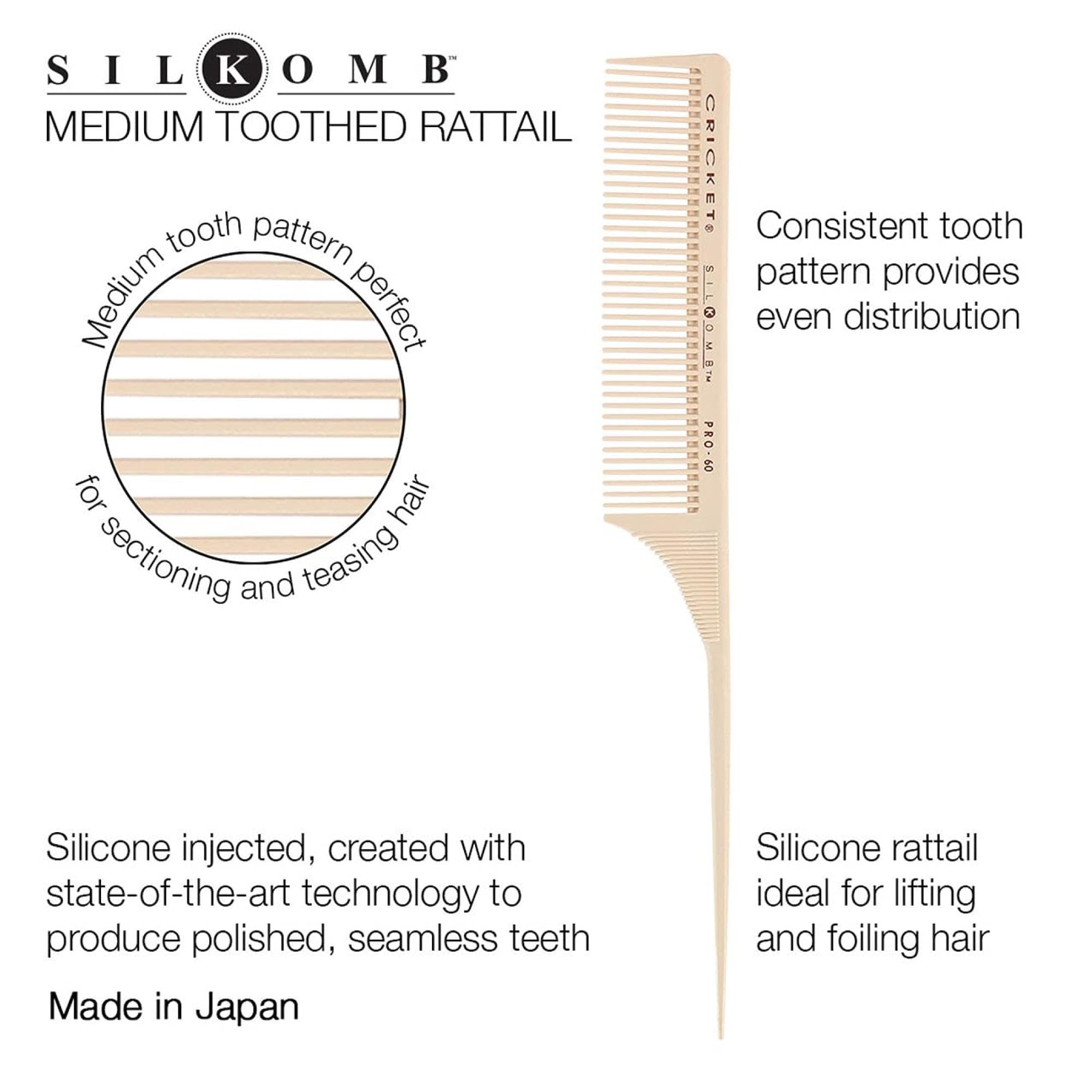 Cricket Silkomb Pro-60 Medium Tooth Rattail Professional Hair Stylist Comb for Teasing Sectioning Parting Lifting Styling Coloring Hair