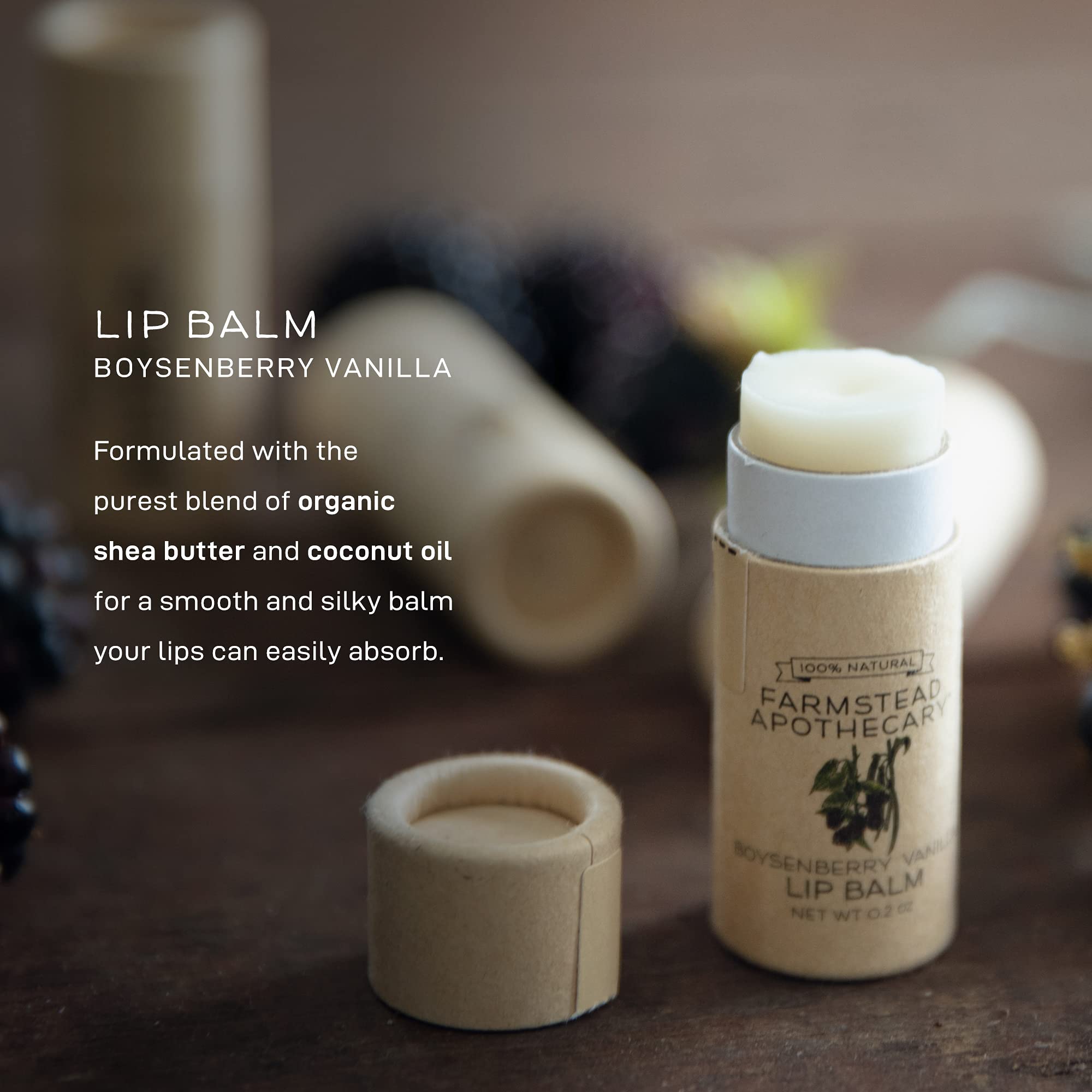 Farmstead Apothecary 100% Natural Lip Balm with Organic Beeswax, Organic Shea Butter & Organic Coconut Oil, Boysenberry Vanilla 0.2oz (Pack of 2)