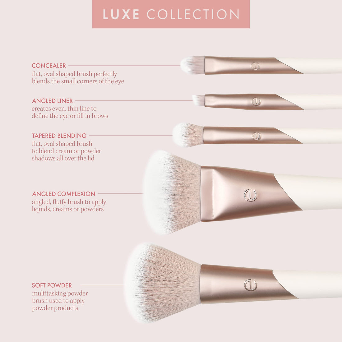 EcoTools Luxe Natural Elegance Professional Face Makeup & Foundation Brush Set, For Face, Cheek, and Eye Makeup, Ecofriendly Makeup Brushes, Pink, Luxurious and Glamorous, 5 Piece Set