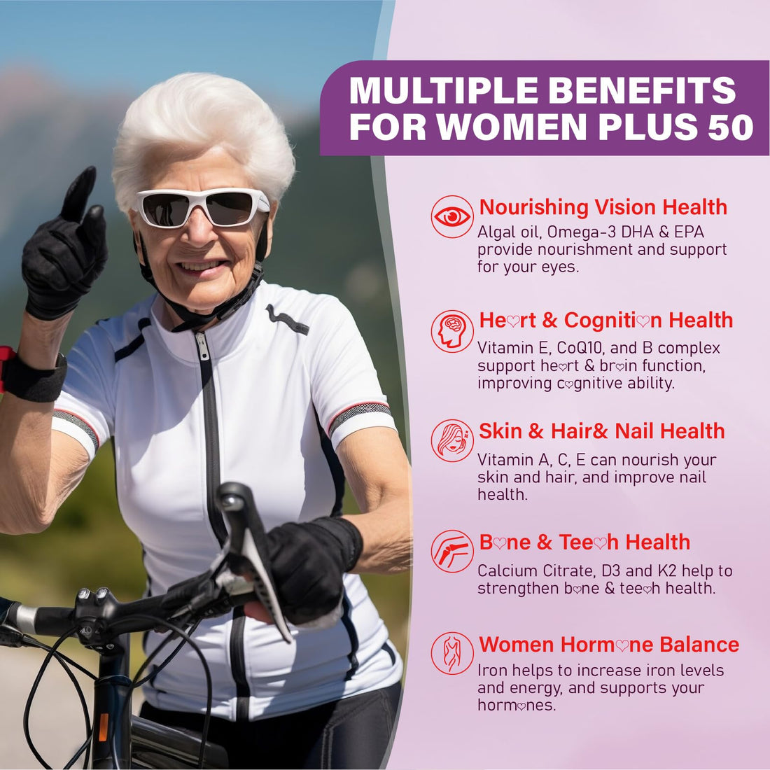 Multivitamin Gummies for Women 50 Plus - with Omega 3, Coenzyme Q10, Iron, Calcium, Zinc, Vitamin A, C, D3, E, K2, B Complex, Folate - Multi Vitamins & Minerals for Energy, Immunity, Eye, Skin