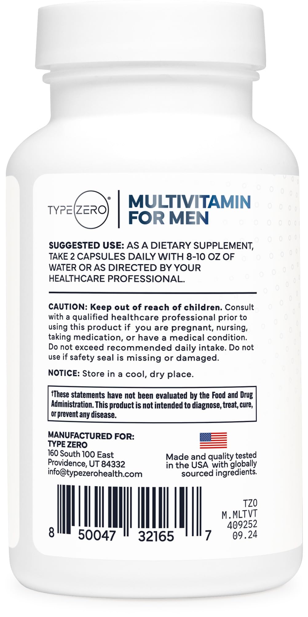 Type Zero Multivitamin Capsules for Men (120 Capsules) (1200 mg) - Gluten-Free, 60 Servings