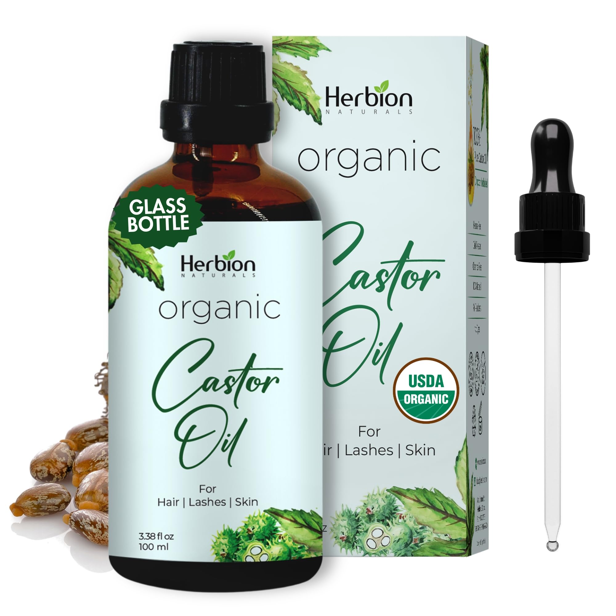 Herbion Naturals Organic Castor Oil (3.3 oz) USDA Certified, 100% Pure, Cold Pressed, Hexane-Free. Boosts Growth of Hair, Lashes, Eyebrows. Skin Moisturizer & Hair Treatment. Glass Bottle with Dropper