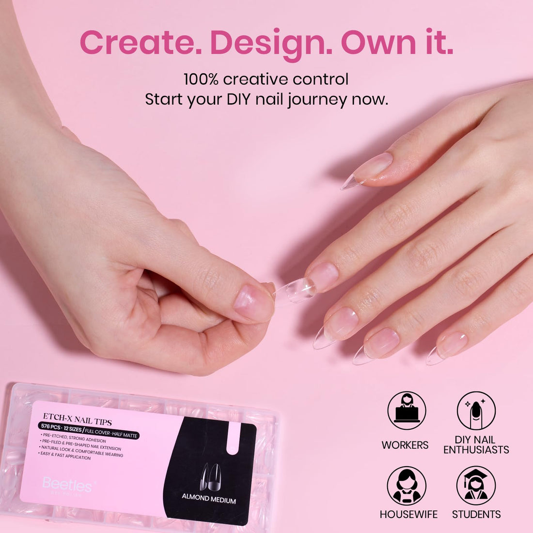 Beetles Medium Almond Nail Tips 576pcs 12 Sizes, Pre-Etched Soft Gel Nail Tips Half Matte Full Cover False Nail Tips Clear Acrylic Nails Glue on Nails DIY Nail Extension Gift for Women