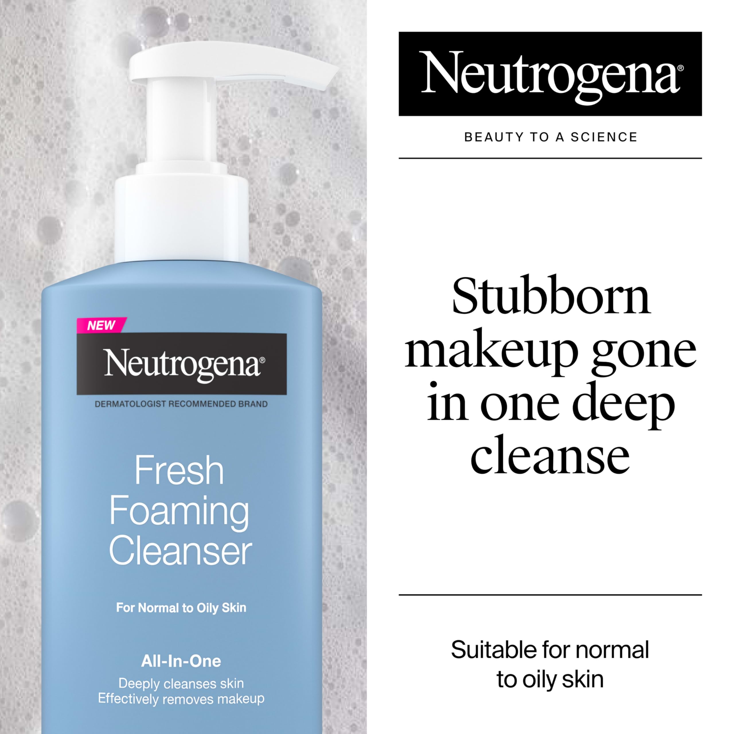 Neutrogena Fresh Foaming Facial Cleanser, All-In-One Makeup Remover Face Wash for Nor-mal to Oily Skin Deeply Cleanses & Removes Waterproof Makeup, Soap-Free, Non-Comedogenic, 8.5 fl. oz