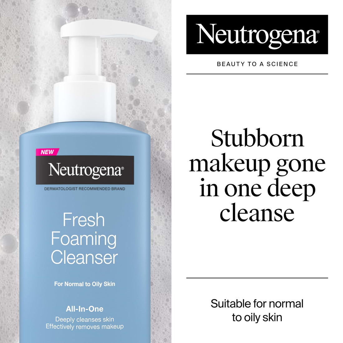 Neutrogena Fresh Foaming Facial Cleanser, All-In-One Makeup Remover Face Wash for Nor-mal to Oily Skin Deeply Cleanses & Removes Waterproof Makeup, Soap-Free, Non-Comedogenic, 8.5 fl. oz