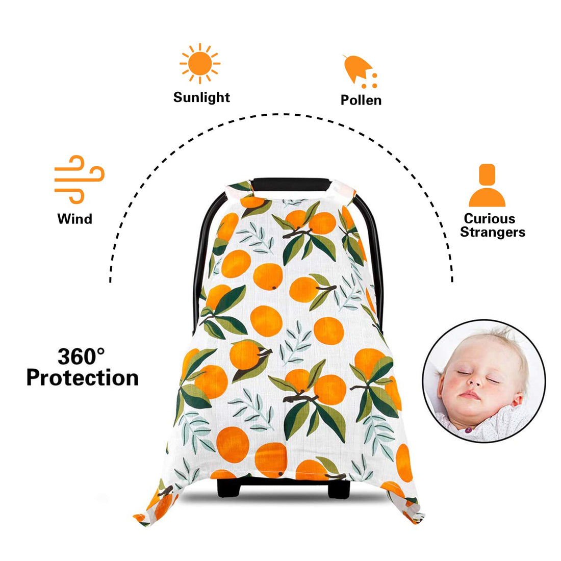 Baby Car Seat Cover Infant Carseat Canopy, Metplus Cotton Muslin Carrier Covers, Summer Stroller Canopie - Extra Wide Universal Fit, Lightweight Breathable Soft for Newborn Boy Girl (Oranges)