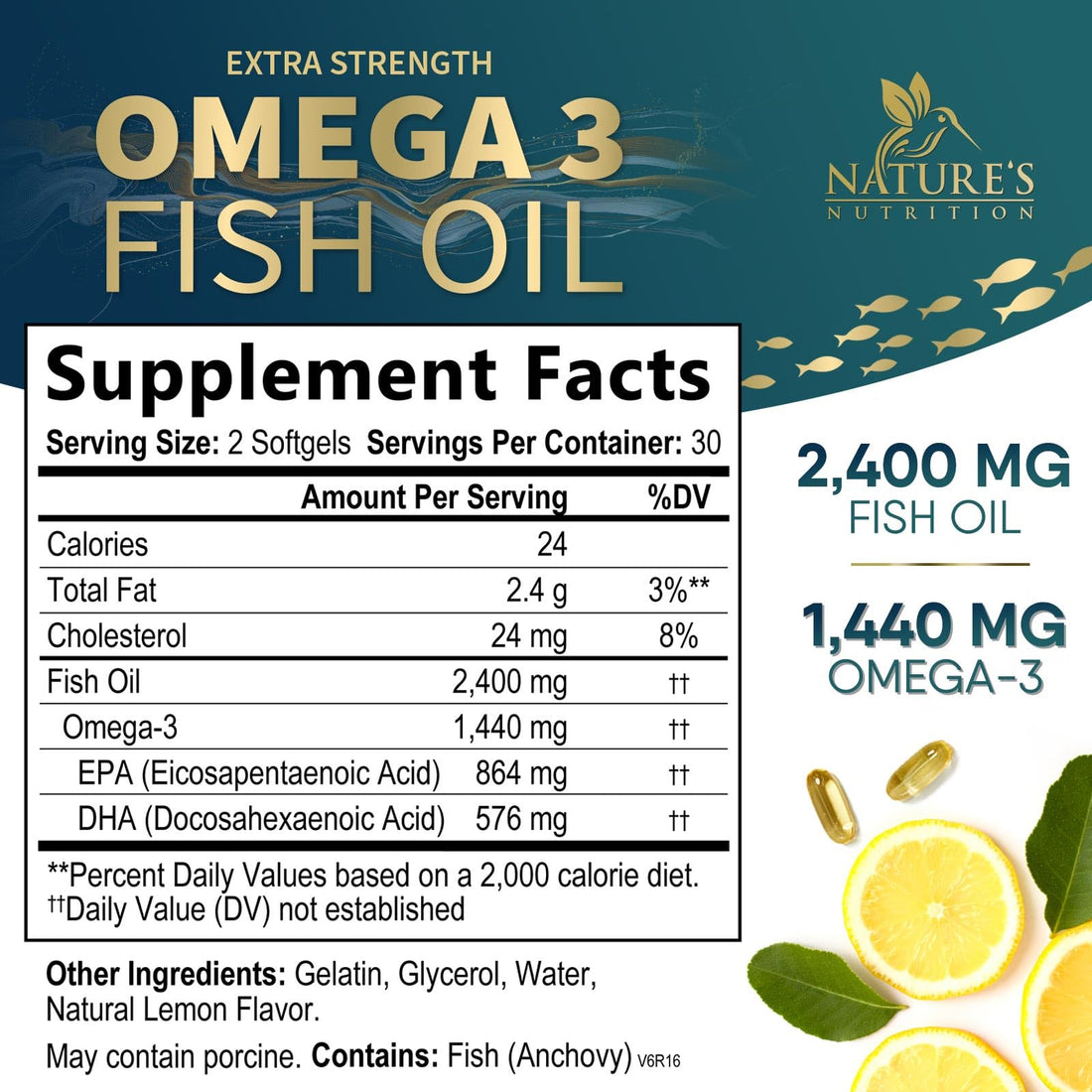 Triple Strength Omega 3 Fish Oil 2400 mg Softgels, Nature's Fish Oil Supplements, Brain & Heart Health Support - EPA & DHA, 1200 MG Fish Oil in Each Softgel, Omega-3 Supplement - 60 Fish Oil Softgels