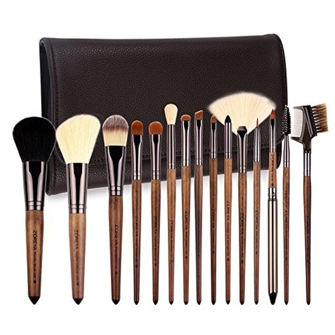 Makeup Brushes 15 Piece ZOREYA High End Real Hard Walnut Handle Makeup Brush Set with Dark Brown Leather Brush Case Bag Holder Contains Contour Lip EyeShadow Powder Blending Fan Kit