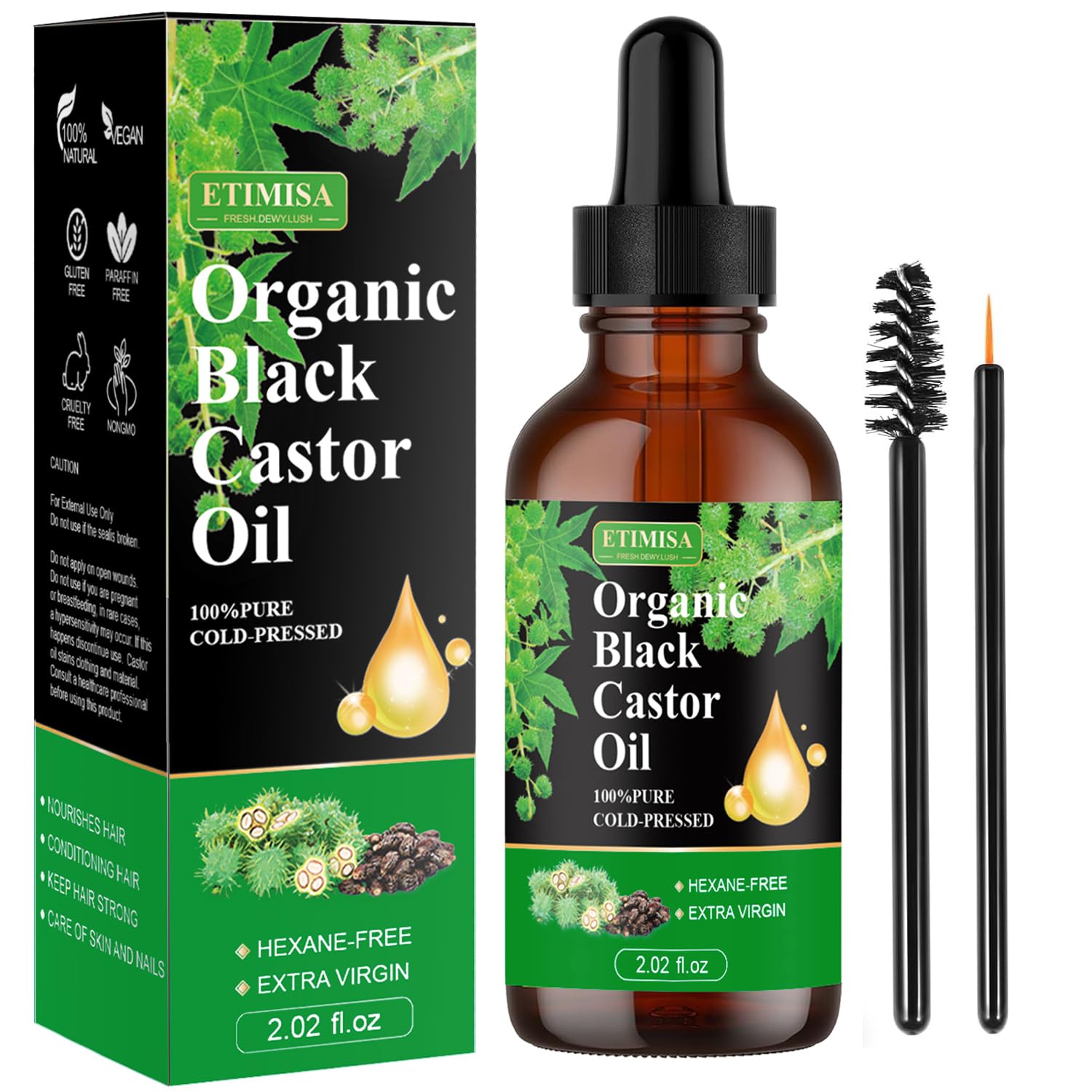Etimisa Organic Black Castor Oil,100% Pure Natural ,Cold Pressed, Glass Bottles, Hair,Eyebrow Care, Skin Care, Castor Oil for Body & Carrier Oil