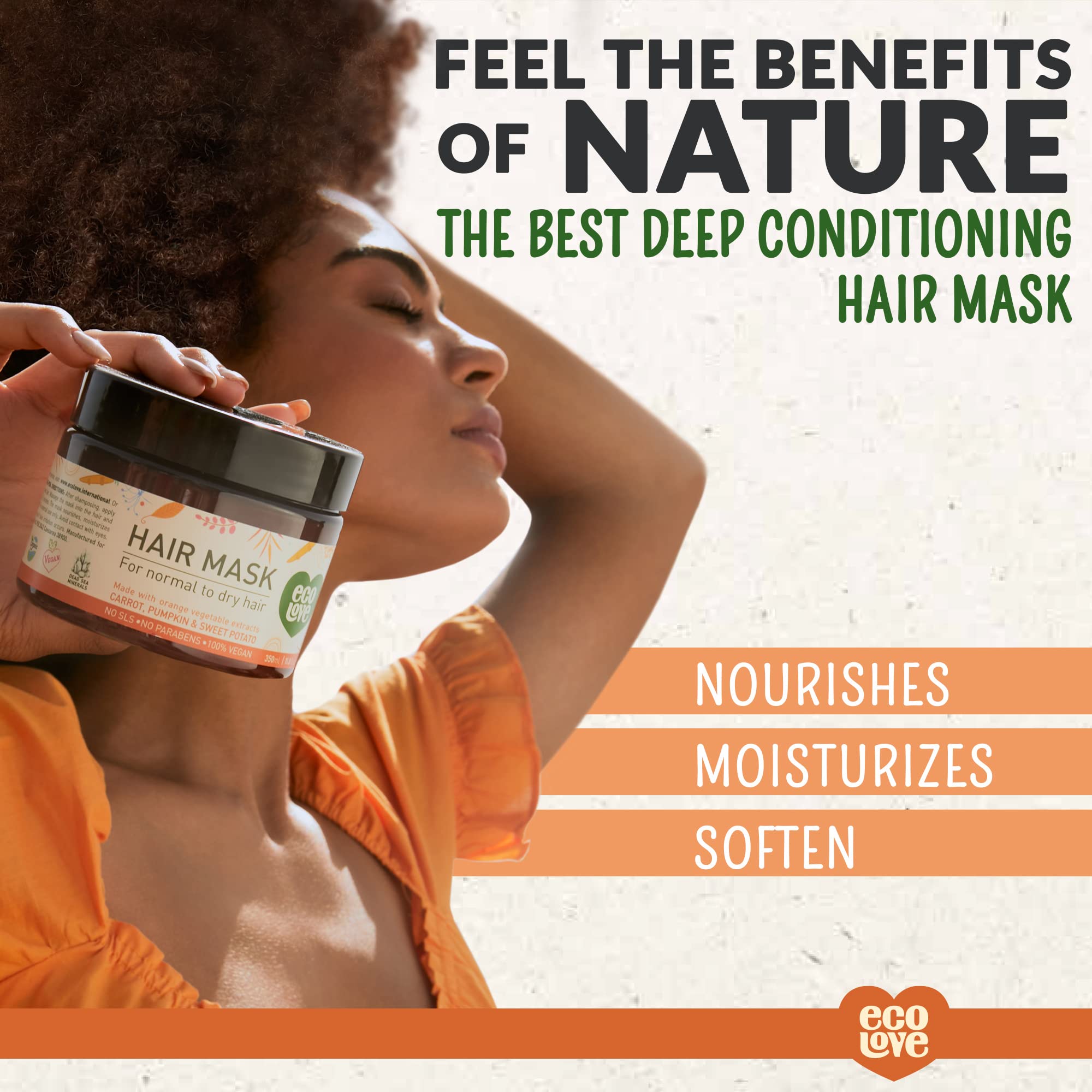 ecoLove Orange Collection Hair Mask for normal to dry hair - Carrots, Pumpkins & Sweet Potatoes. 100% VEGAN (11.8 Oz)