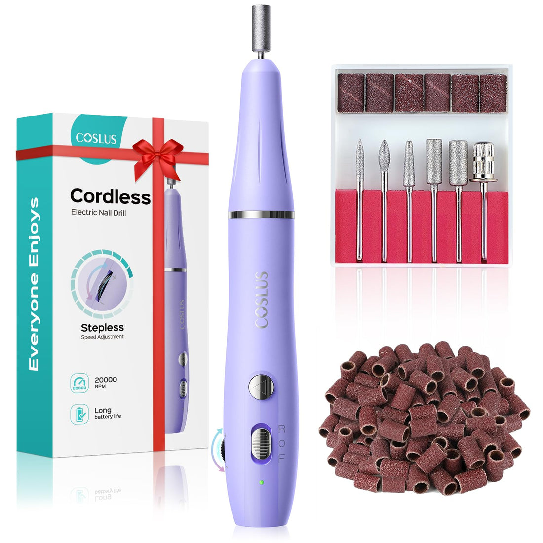 COSLUS Cordless Electric Nail Drill File: Nail Drill Machine with Stepless Speed Knob for Acrylic Gel Dip Powder Polish, Professional Portable Manicure Pedicure Rechargeable for Home Salon Use Purple