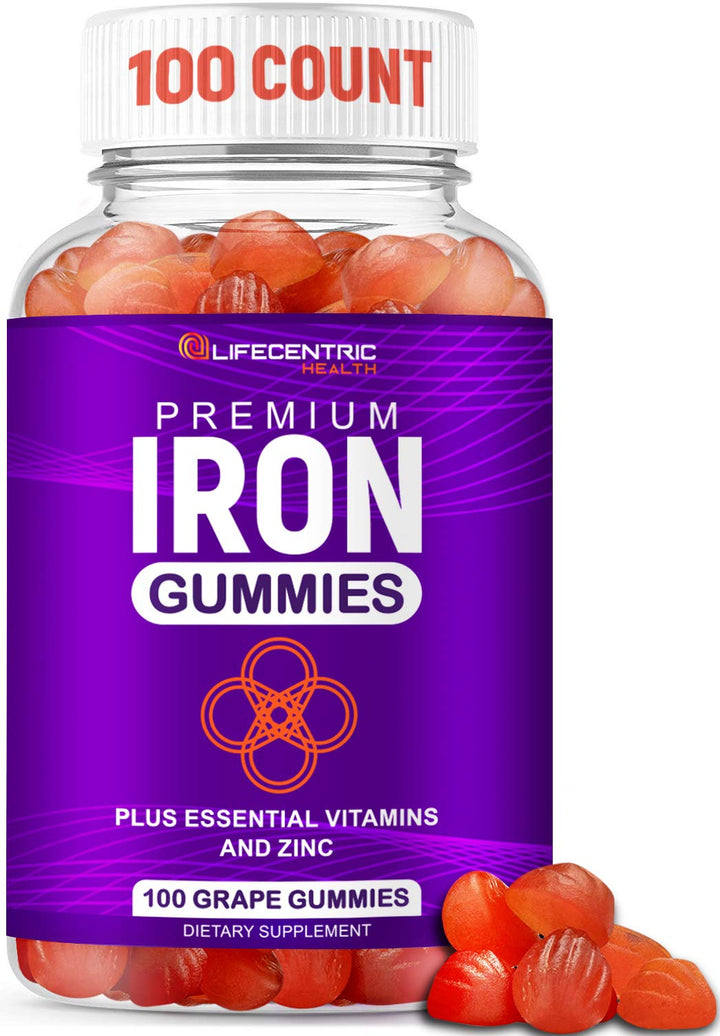 LifeCentricHealth Iron Gummies for Adults & Kids | Biotin Zinc Vitamin B Folic Acid Gummies | Vegan Gluten Free Blood Builder Anemia Supplements | Tasty Energy Boosting Iron Supplement for Women & Men
