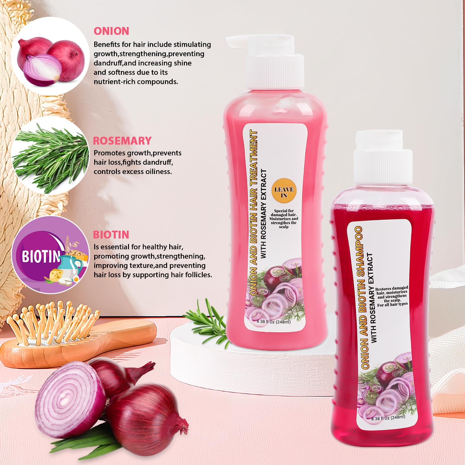 Onion, Biotin and Rosemary Shampoo and Treatment Set - Silicone Free, for Hair Loss, Thinning and All Hair Types