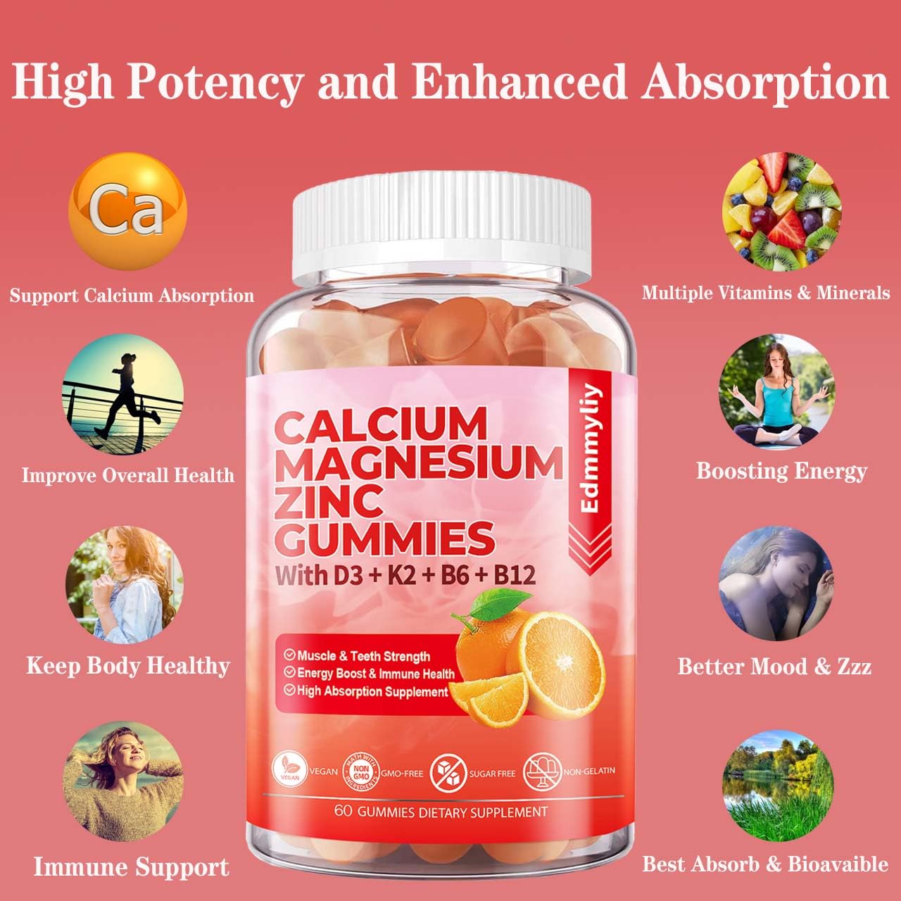 Sugar Free Calcium Magnesium Zinc Supplement Gummies with Vitamin D3 & B12 for Women and Men High Absorption Calcium Magnesium Supplement for Bone & Teeth Strength, Muscle & Immune (120 Counts)