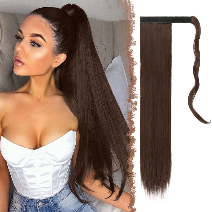 FESHFEN Straight Ponytail Extensions 28 Inch Long Wrap Around Synthetic Hair Piece Clip in Ponytail Hair Extensions Hairpiece for Women Girls 150g