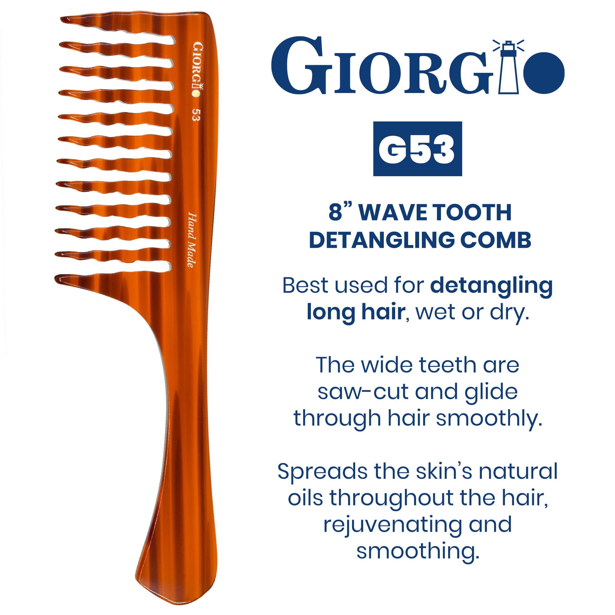 GIORGIO G53 8 Hand Made Tortoise Detangle Comb Wide Teeth. HandMade of Durable Cellulose Acetate Sawcut and Polished.